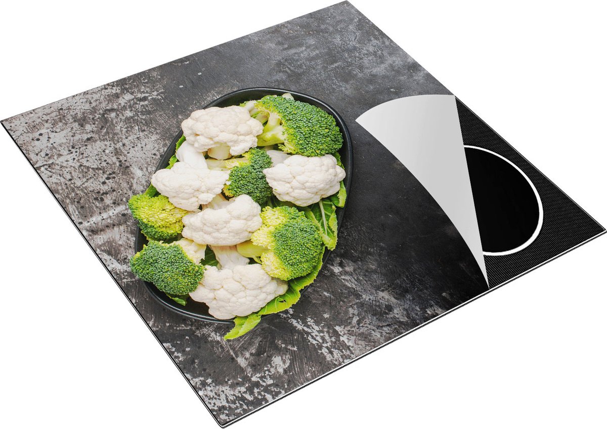 Chefcare Inductie Beschermer Bloemkool met Brocolli op Zwarte Marmer - 78x78 cm - Afdekplaat Inductie - Kookplaat Beschermer - Inductie Mat