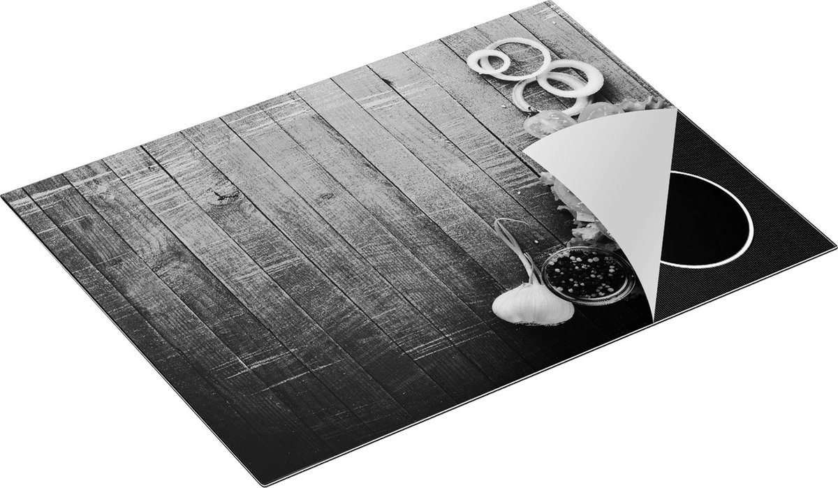 Chefcare Inductie Beschermer Hamburger op Bruine Houten Planken - Zwart Wit - 71x52 cm - Afdekplaat Inductie - Kookplaat Beschermer - Inductie Mat