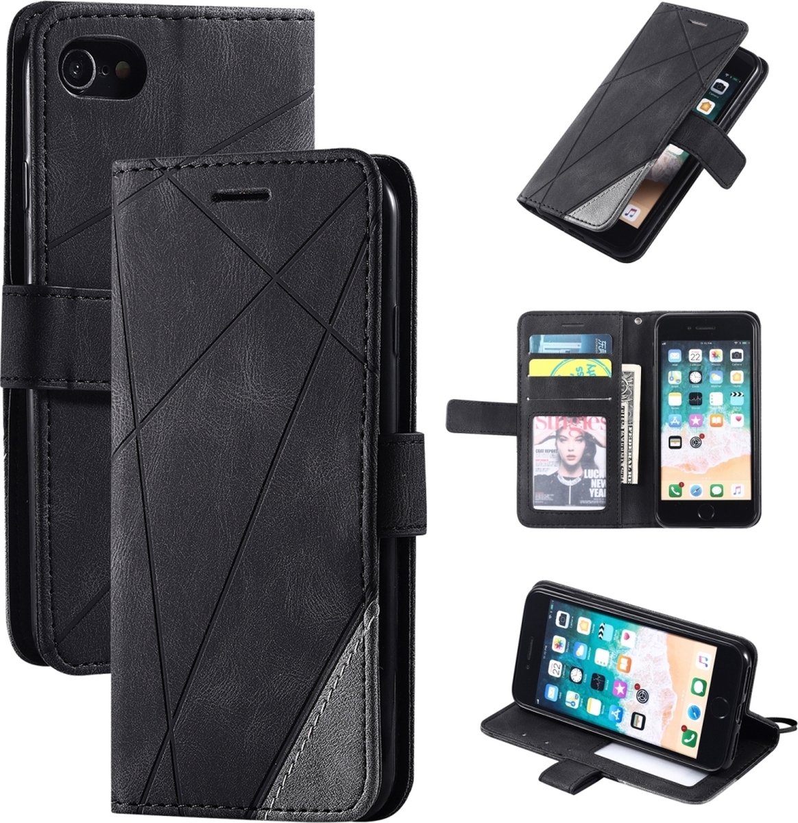 Mobigear Telefoonhoesje geschikt voor Apple iPhone SE (2022) Hoesje | Mobigear Rhombus Bookcase Portemonnee | Pasjeshouder voor 2 Pasjes | Telefoonhoesje voor Pinpas / OV Kaart / Rijbewijs - Zwart