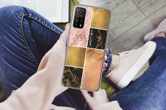 Telefoonhoesje Geschikt voor Xiaomi Mi 10T 5G hoesje - Marmer print - Rosé - Goud - Siliconen Telefoonhoesje Telefoonhoesje