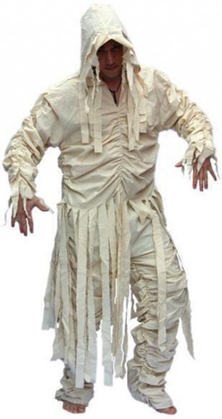 Mummiekostuum met kap, beige verbanden, gescheurde lappen stof en kleding die de benen en armen bedekt.