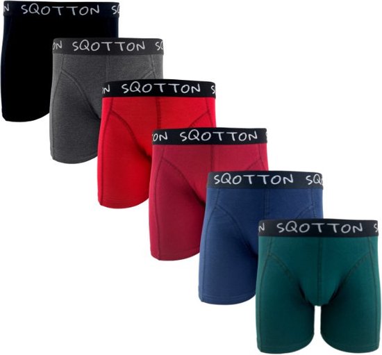 Ensemble de six boxers unis noir, gris, rouge, bordeaux, bleu et vert avec ceinture élastique noire marquée.