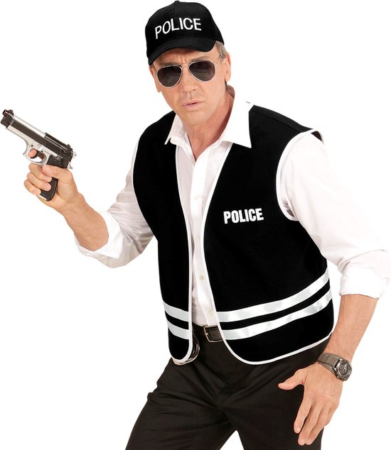 Widmann - Politie & Detective Kostuum - Zwart Politievest Met Cap Volwassen - Zwart - XL - Carnavalskleding - Verkleedkleding