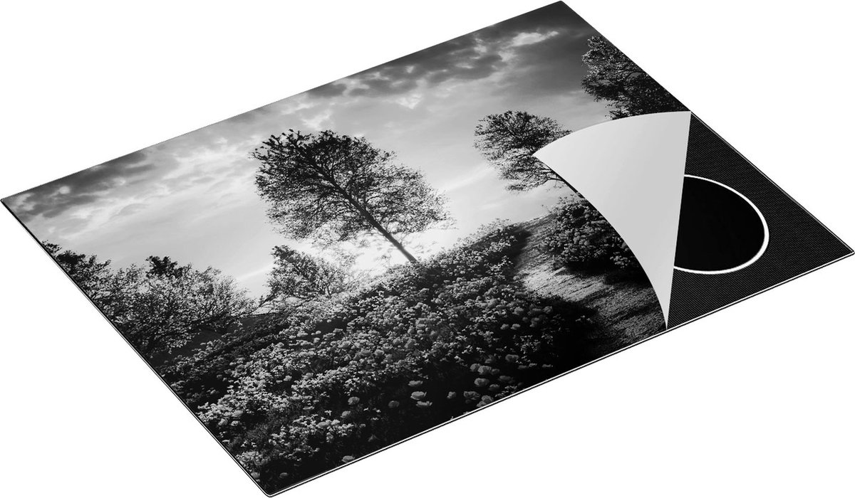 Chefcare Inductie Beschermer Mooi Landschap met Rode Bloemen en Zonsondergang - Zwart Wit - 70x50 cm - Afdekplaat Inductie - Kookplaat Beschermer - Inductie Mat