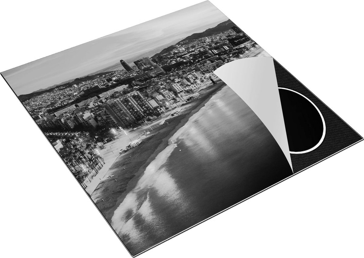Chefcare Inductie Beschermer Barcelona Strand met Stad bij Zonsondergang - Zwart Wit - 78x78 cm - Afdekplaat Inductie - Kookplaat Beschermer - Inductie Mat