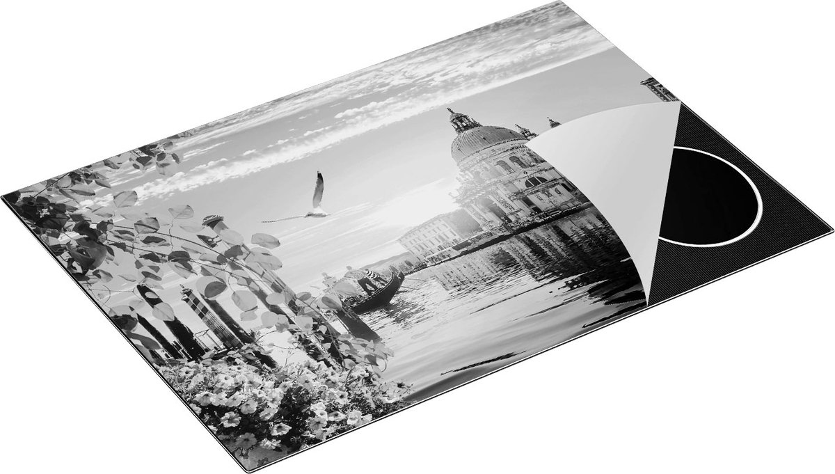 Chefcare Inductie Beschermer Kanaal in Venetië met Bloemen - Zwart Wit - 77x51 cm - Afdekplaat Inductie - Kookplaat Beschermer - Inductie Mat