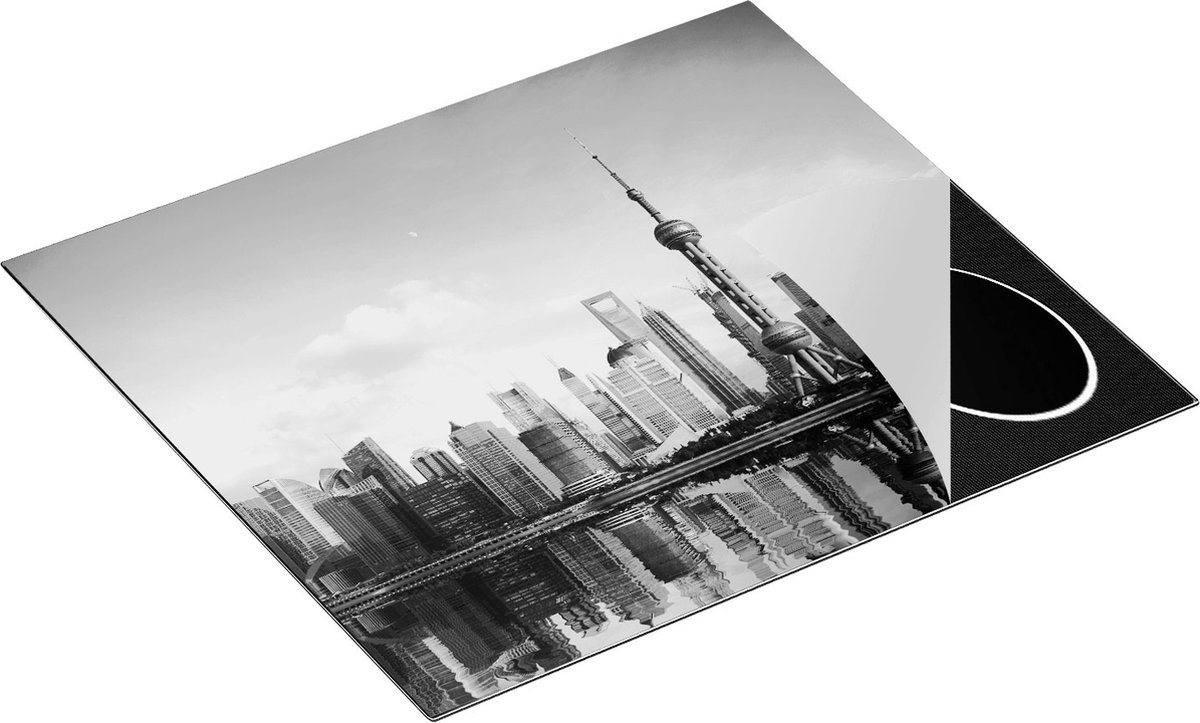 Chefcare Inductie Beschermer Shanghai Skyline in China - Zwart Wit - 58,3x51,3 cm - Afdekplaat Inductie - Kookplaat Beschermer - Inductie Mat