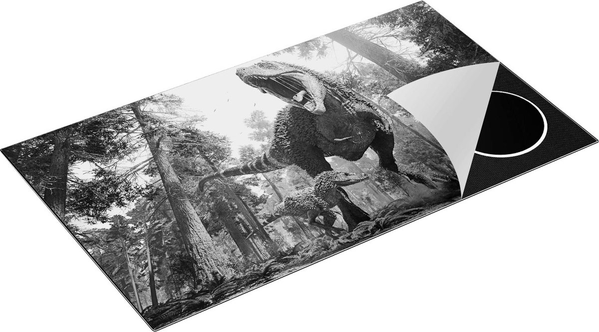Chefcare Inductie Beschermer Tyrannosaurus Rex Dinosaurus - T-Rex - Zwart Wit - 89,6x51,6 cm - Afdekplaat Inductie - Kookplaat Beschermer - Inductie Mat