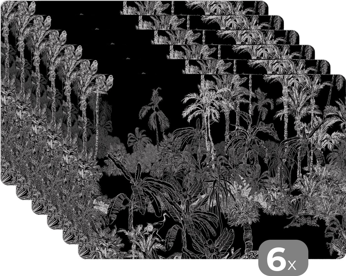 Placemats - Jungle - Tropical - Palm - Natuur - Zwart- Wit - Onderlegger - Eettafel - 45x30 cm - 6 stuks