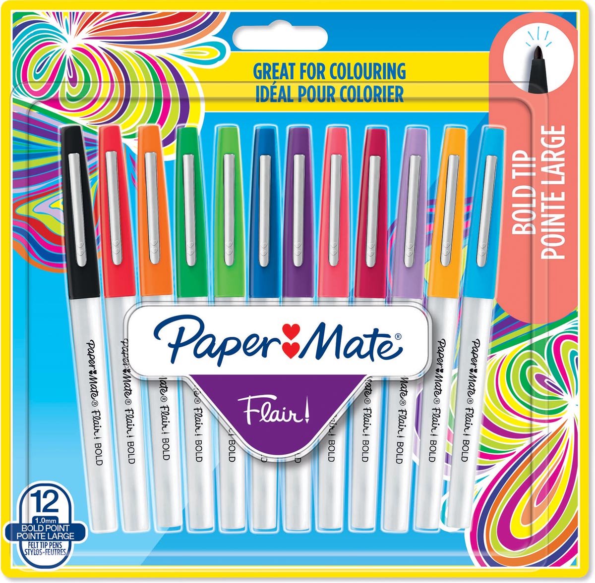 Paper Mate Flair-viltstiften | brede punt (1,2 mm) | diverse kleuren | 12 stuks