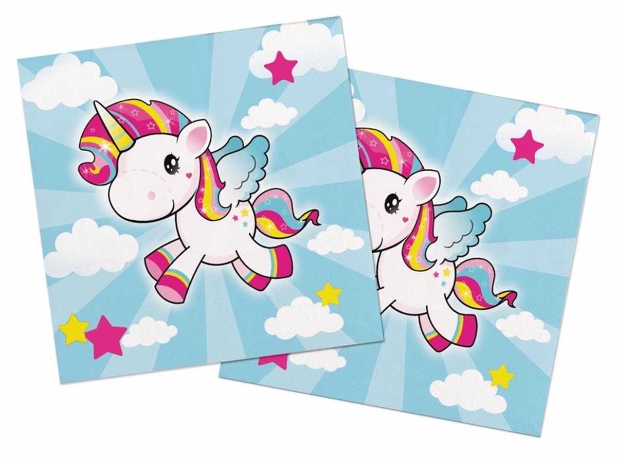 40x Eenhoorn themafeest servetten gekleurd 33 x 33 cm papier - Kinderfeestje papieren wegwerp tafeldecoraties