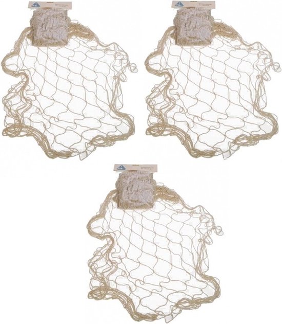 Trois filets de pêche décoratifs de couleur naturelle, 120 x 250 cm, avec un bord blanc brut.