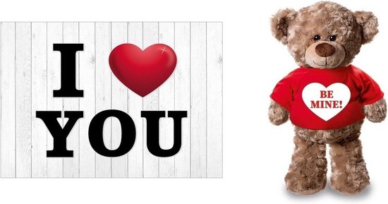 I Love You Valentijnskaart met Be Mine knuffelbeer 24 cm - Valentijnsdag producten