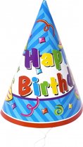 60x stuks papieren feesthoedjes Happy Birthday print - Verjaardag punthoedjes van papier/karton