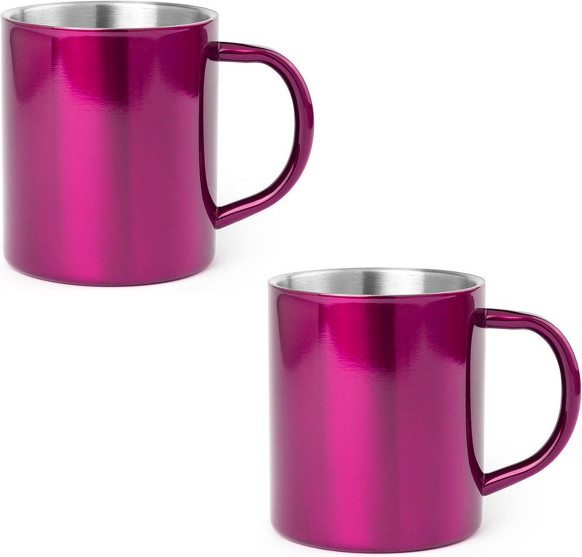 Luxe drinkbeker/koffiemok - 2x - metallic roze - 280 ml - RVS - glitter and glamour