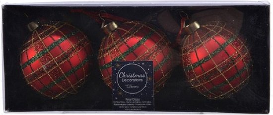 Lot de trois boules de Noël rouges à motif écossais vert et doré, décorées de paillettes.