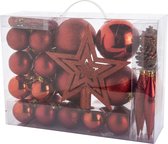 53x stuks kunststof kerstballen en kerstornamenten met ster piek rood mix