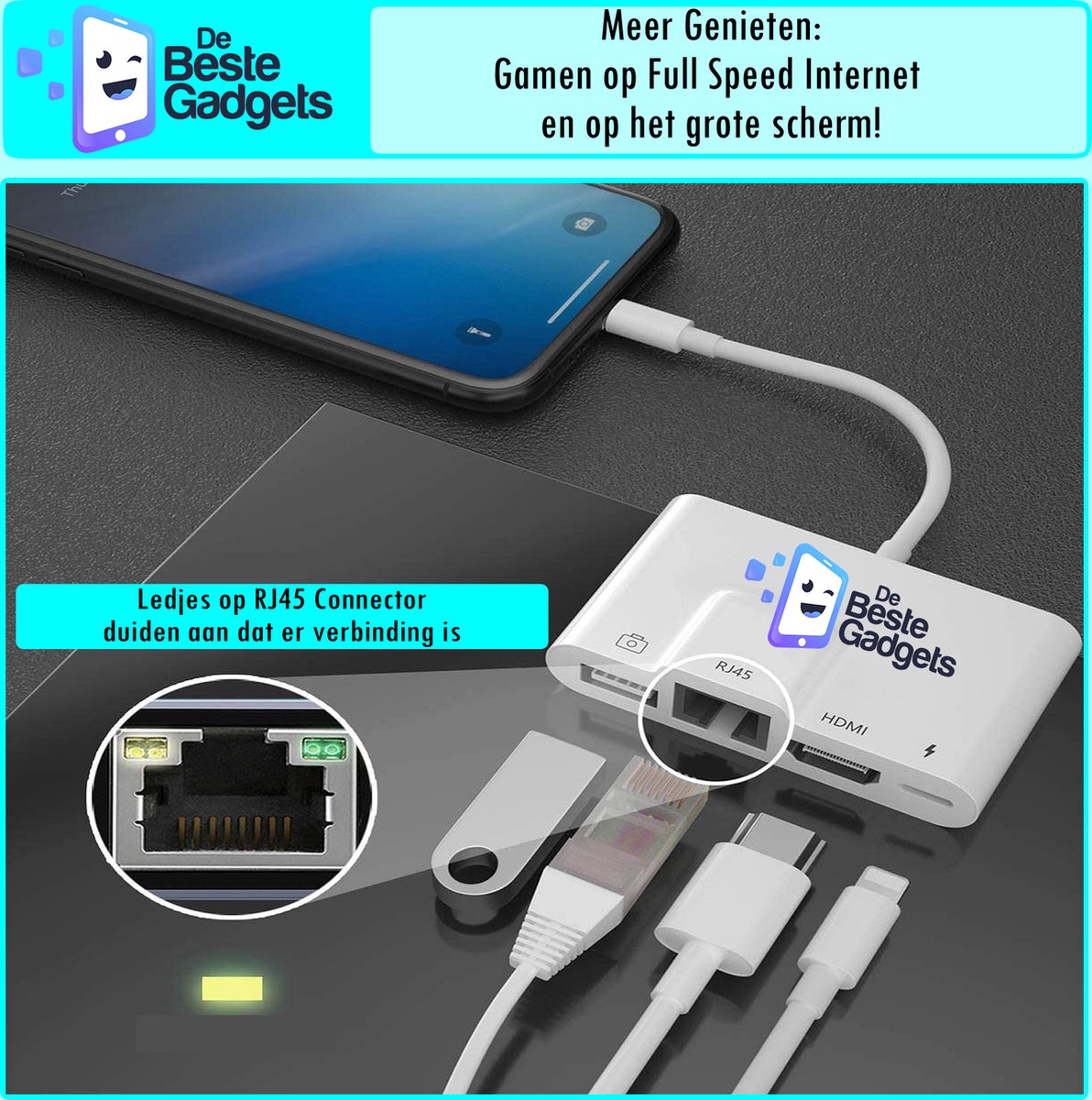 De Beste Gadgets iPhone / iPad 4 en 1 Lightning Hub avec connexion USB, HDMI  et RJ45 