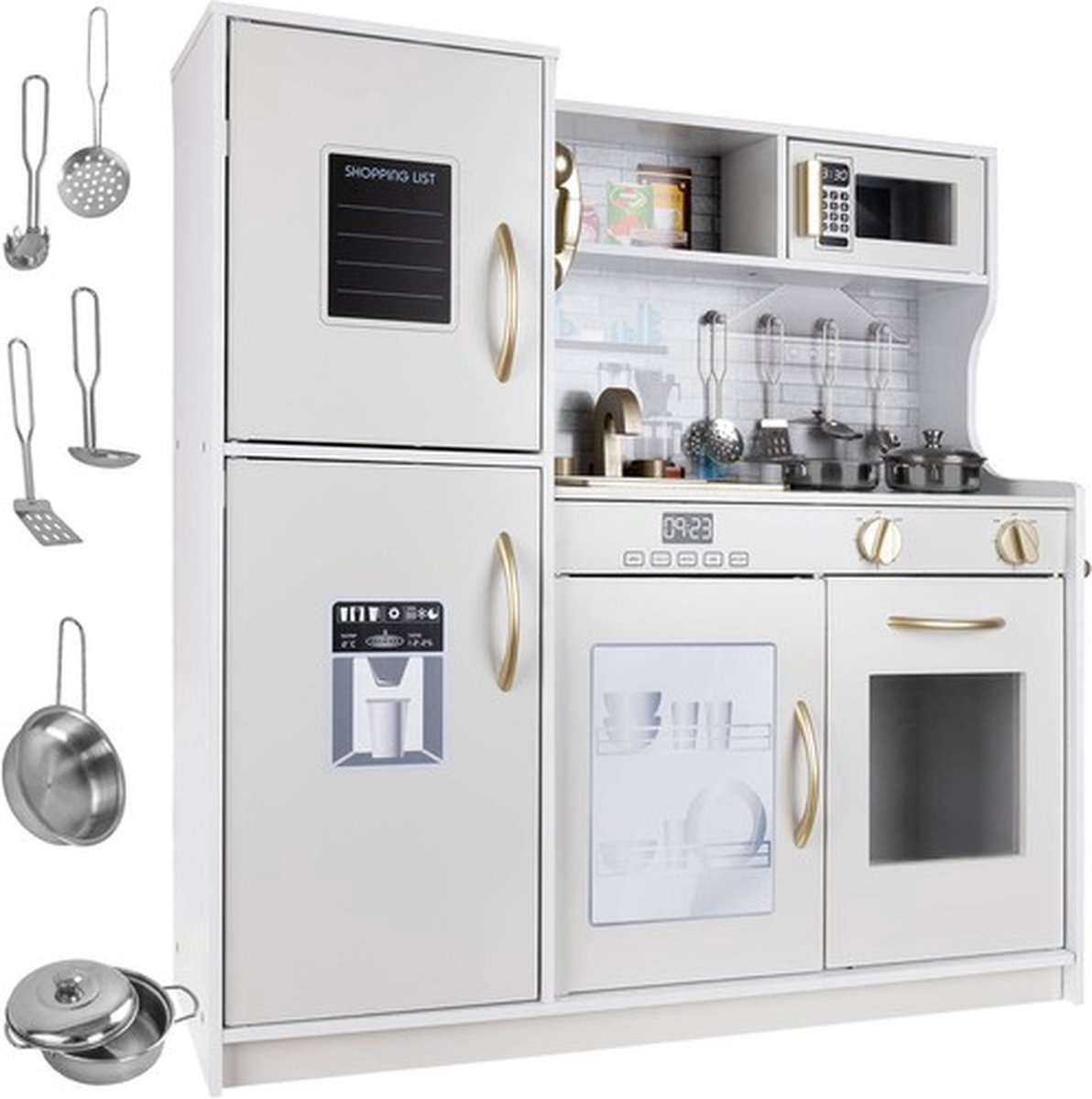 Kruzzel luxe houten speelgoed keuken met licht en geluid Met gratis accessoires 80 x 80.5 x 24 cm wit goud