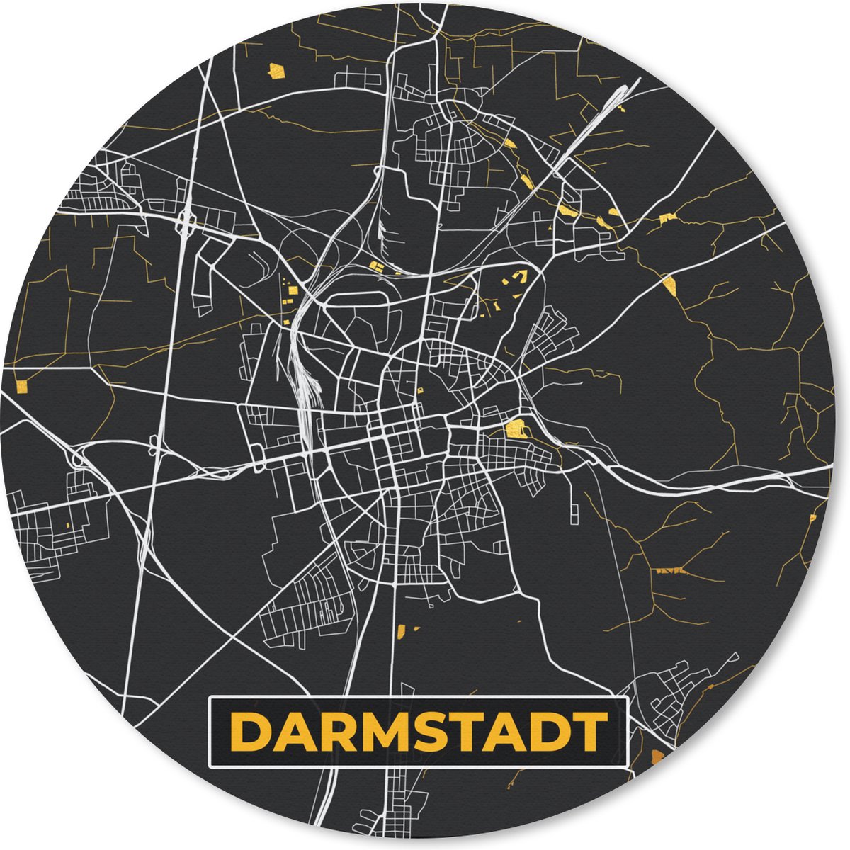 Muismat rond 40x40 cm - Mousepad Duitsland – Black and Gold – Darmstadt – Stadskaart – Kaart – Plattegrond - Ronde muismatten - Stadskaart