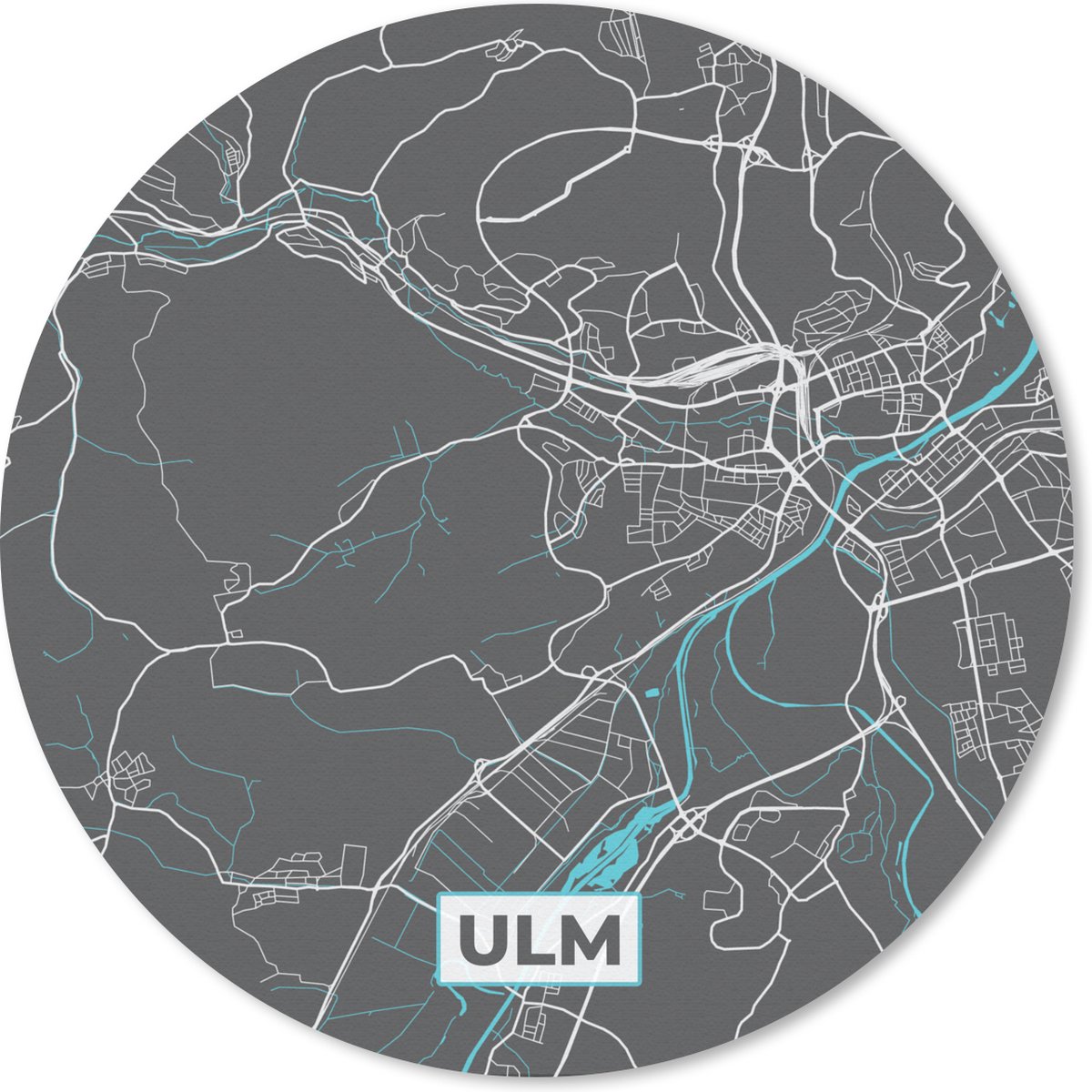 Muismat rond 50x50 cm - Mousepad Stadskaart – Plattegrond – Duitsland – Blauw – Ulm – Kaart - Ronde muismatten - Stadskaart