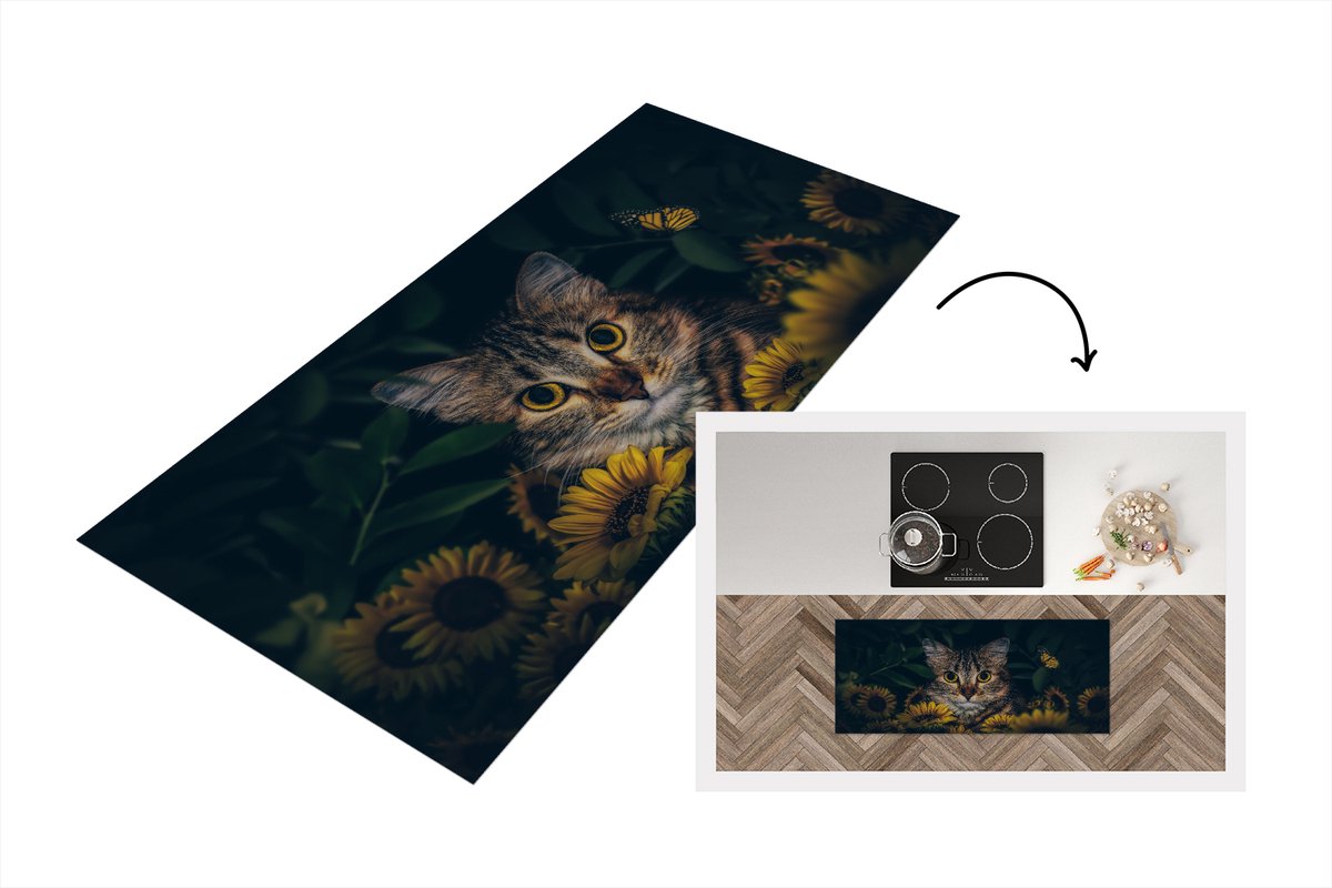 KitchenYeah Keukenloper - Loper keuken - Kat - Geel - Bloemen - Botanisch - 120x50 cm - Keukenloper vinyl Multicolor