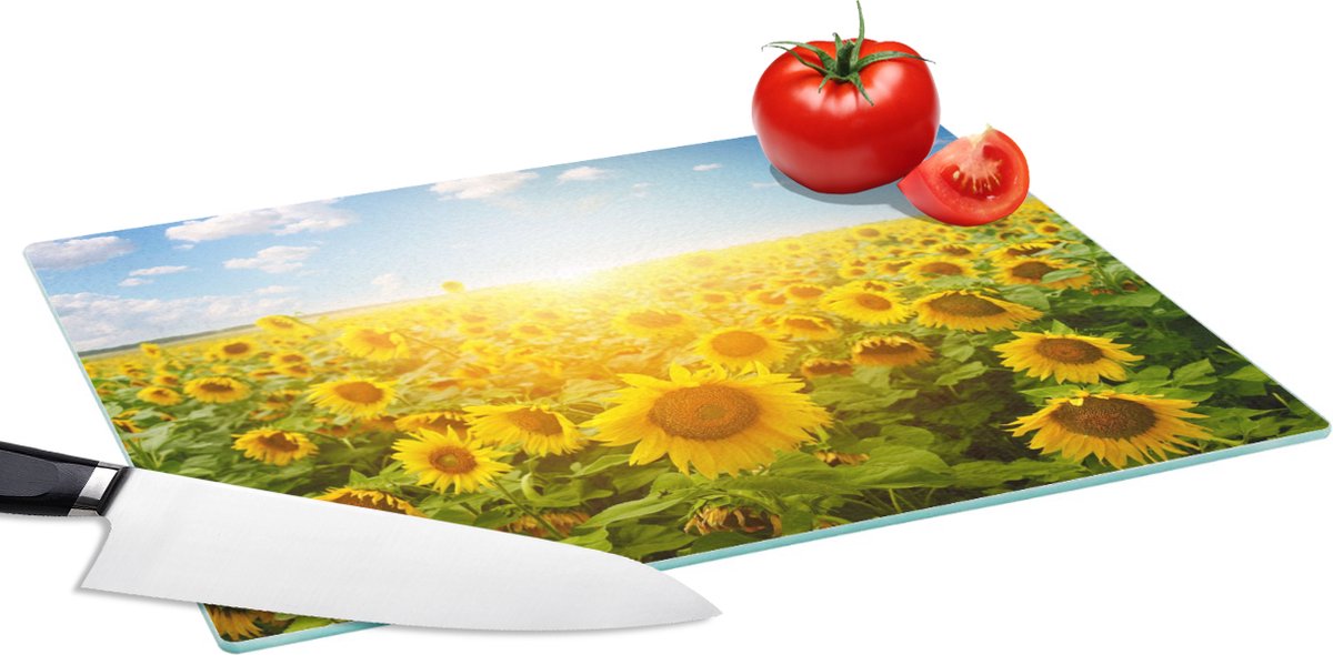 Glazen Snijplank - 39x28 - Zonnebloem - Zon - Wolken - Snijplanken Glas