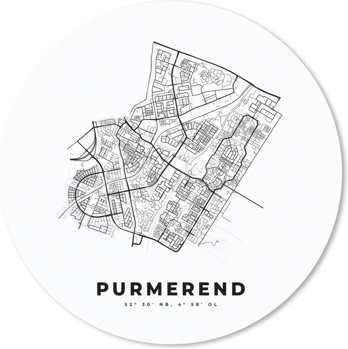 Muismat rond 50x50 cm - Mousepad Nederland – Purmerend – Stadskaart – Kaart – Zwart Wit – Plattegrond - Ronde muismatten - Stadskaart