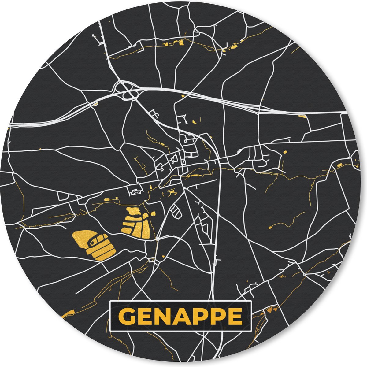 Muismat rond 40x40 cm - Mousepad Genappe - Kaart - Plattegrond - Goud - Stadskaart - Ronde muismatten - Stadskaart