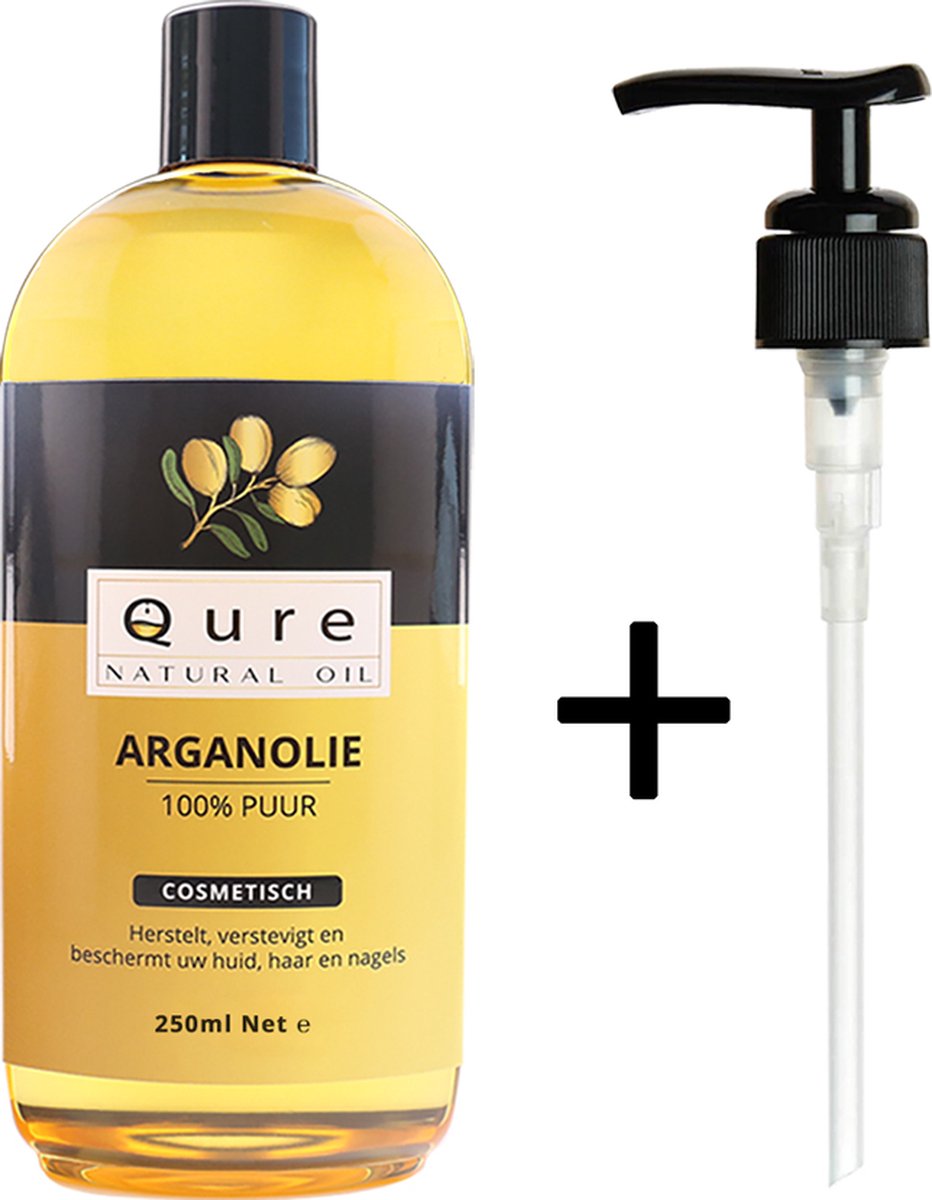 Arganolie 250ml + Pompje | Biologisch | Voor haar, huid en gezicht |100% Puur & Onbewerkt | Moroccan Argan Oil | Huidolie | Haarolie - Qure Natural Oil