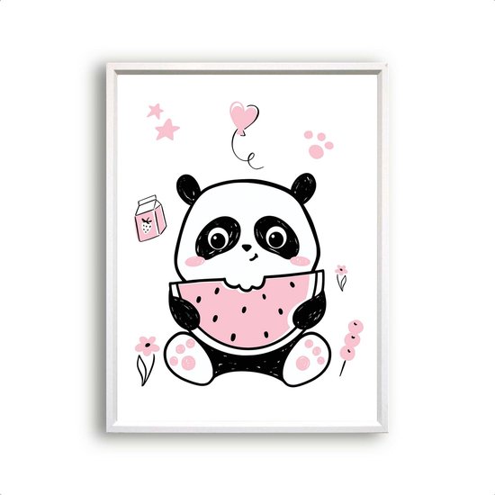 Poster Roze Panda Watermeloen Eten - Hartjes - Meisjeskamer - Babyshower / Geboorte Cadeau - Babykamer - 70x50cm - Postercity