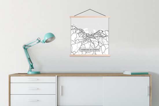 Porte-affiche avec affiche - Affiche scolaire - France - Carte - Cherbourg-en-Cotentin - Plan de la ville - Carte - Zwart et blanc - 60x60 cm - Lattes vierges