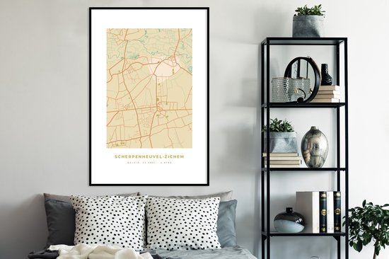 Cadre photo avec affiche - Carte - Vintage - Rétro - Scherpenheuvel-Zichem - Carte - Plan de la ville - 80x120 cm - Cadre pour affiche