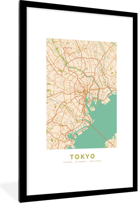 Fotolijst incl. Poster - Tokyo - Stadskaart - Vintage - Plattegrond - Kaart - 80x120 cm - Posterlijst