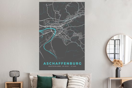Poster City Map – Map – Aschaffenburg – Blauw – Allemagne – Map - 120x180 cm XXL