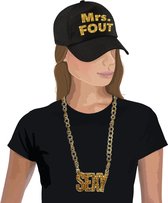 Foute party Mrs. FOUT verkleed set pet zwart/goud voor dames met een plastic gouden sexy ketting
