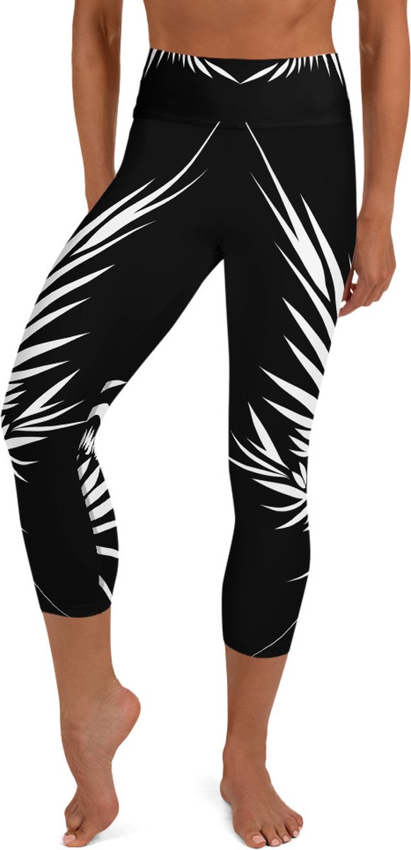 Sportlegging - Capri 3/4 - design Yin Yang Power Up - High Waist - Dry Fit - High Performance - 4way stretch - unieke print - UPF 50+ - Hardloop - Yoga - Fitness - Dans - Pilates - Training - sportbroek - zwart wit - maat XL — afbeelding 2