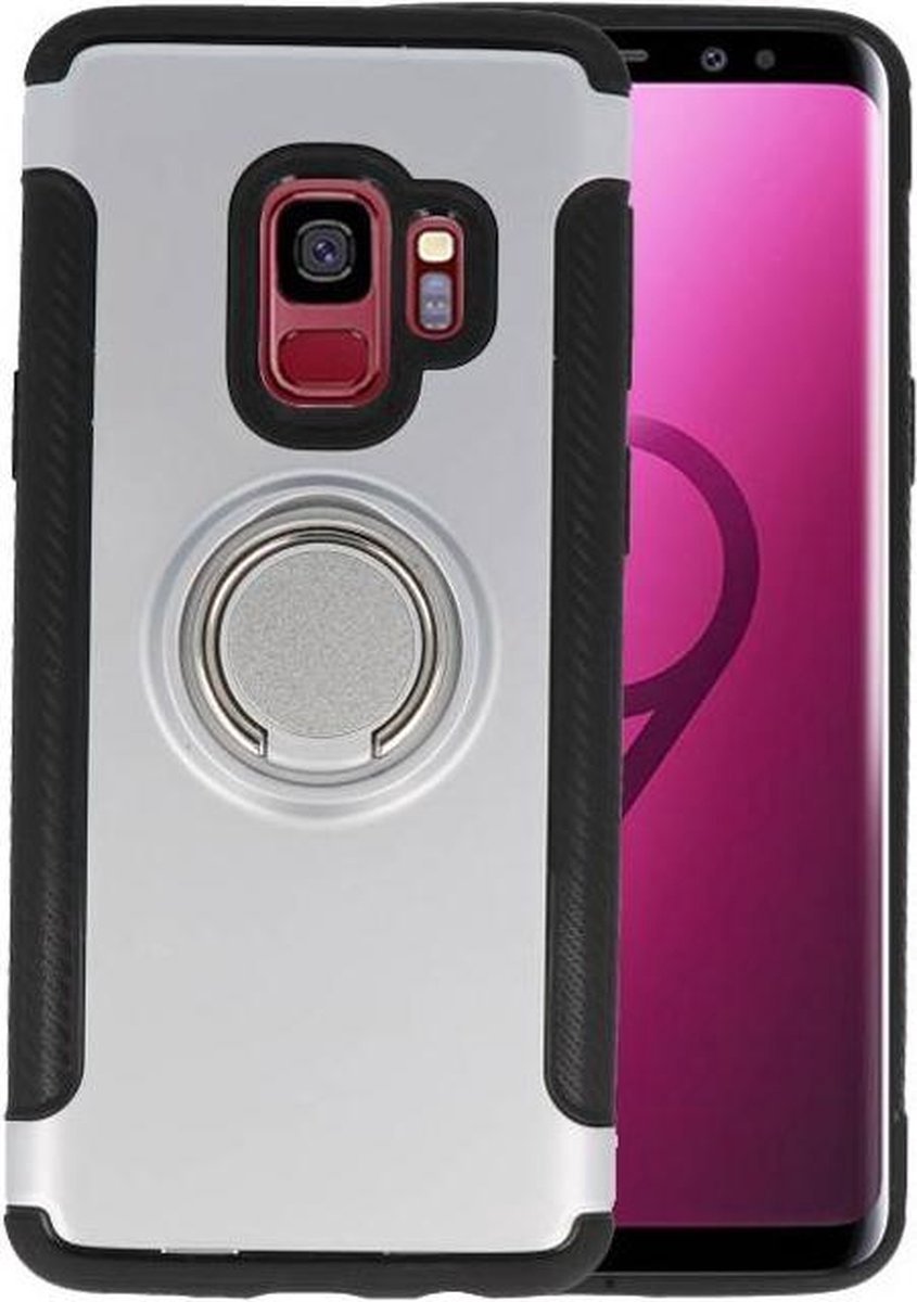 Pantser TPU Hoesje Ring Houder - Hoesje Geschikt voor Samsung Galaxy S9 Zilver