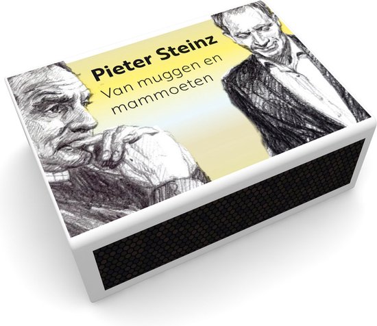 Een matchbox met de titel 'Pieter Steinz Van muggen en mammoeten' en tekeningen van twee mannen.
