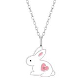 Zilveren ketting meisjes | Zilveren ketting met hanger, wit konijn met roze hartje
