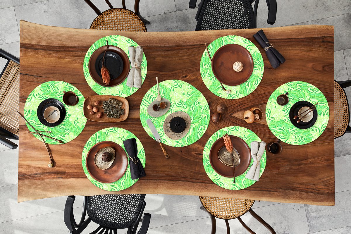 Ronde placemats - Onderlegger - Placemats rond - Patronen - Abstract - Bladeren - Groen - 10 stuks