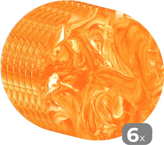 Sets de table ronds - Dessous de verre - Napperons ronds - Oranje - Imprimé marbré - Peinture - 6 pièces