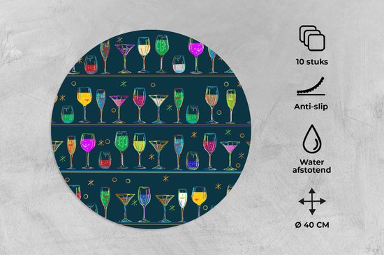 Sets de table ronds - Sous-couche - Napperons ronds - Cocktails - Bar - Néon - Design - 10 pièces