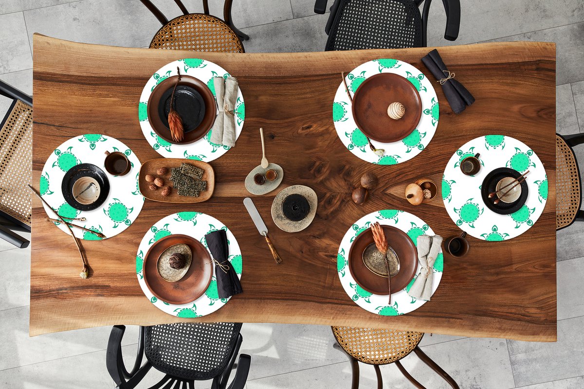 Ronde placemats - Onderlegger - Placemats rond - Patroon - Schildpad - Groen - 6 stuks