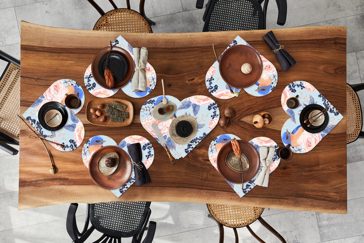 Onderleggers - Placemats - Placemats hartje - Patronen - Roos - Vogel - Blauw - 10 stuks