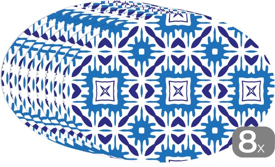 Placemats ovaal - Onderleggers - Ovale placemats - Vector - Blauw - Tegels - Patronen - 8 stuks
