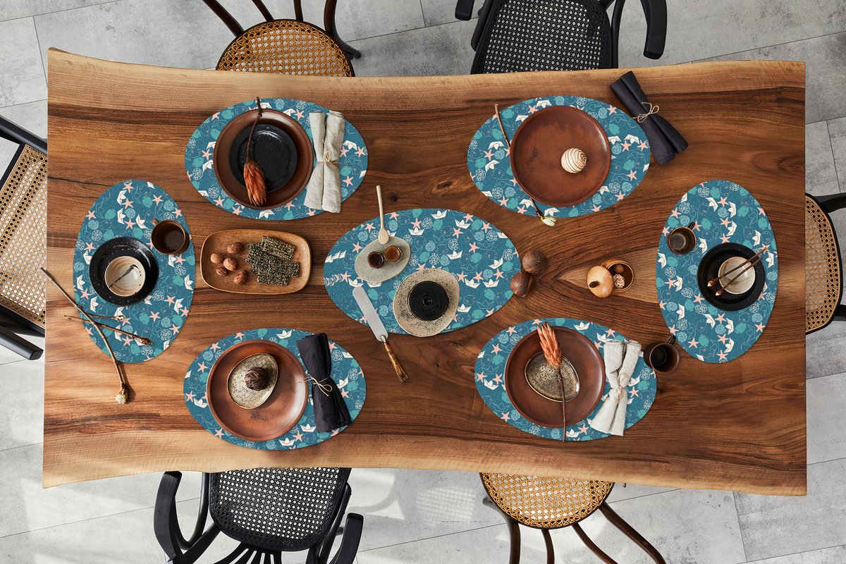 Placemats ovaal - Onderleggers - Ovale placemats - Patronen - Strand - Zee - 10 stuks
