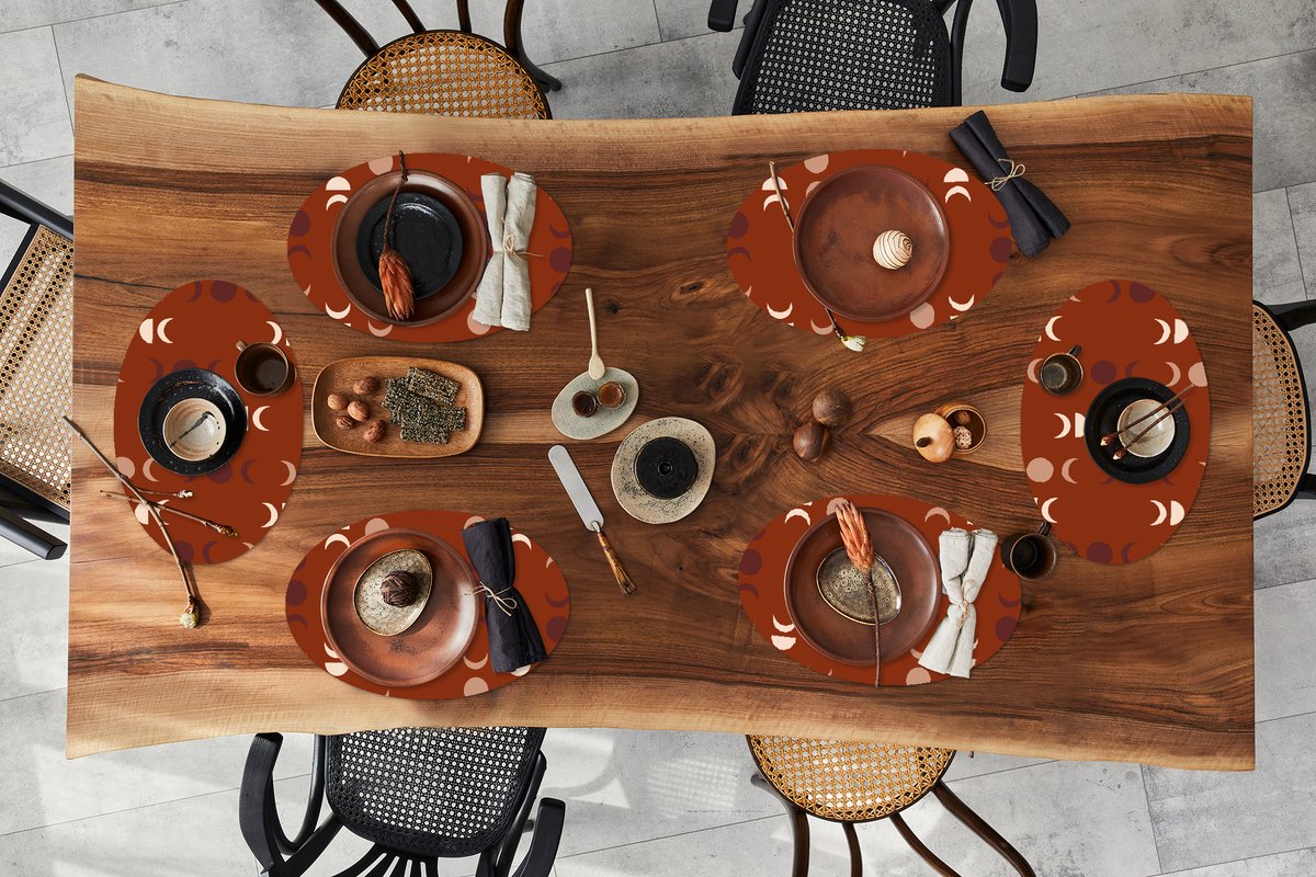 Placemats ovaal - Onderleggers - Ovale placemats - Maan - Rood - Patroon - 6 stuks