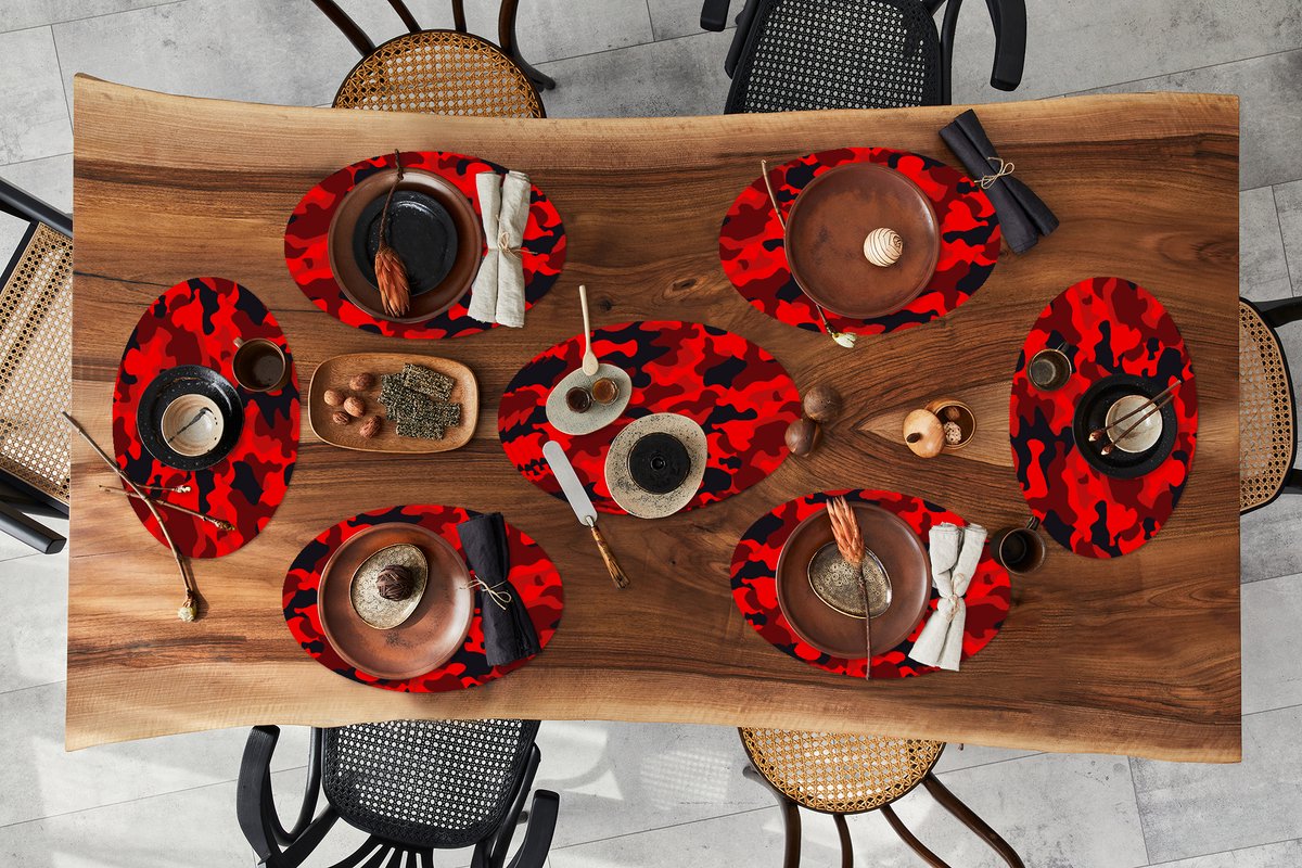 Placemats ovaal - Onderleggers - Ovale placemats - Camouflage - Rood - Patronen - 10 stuks