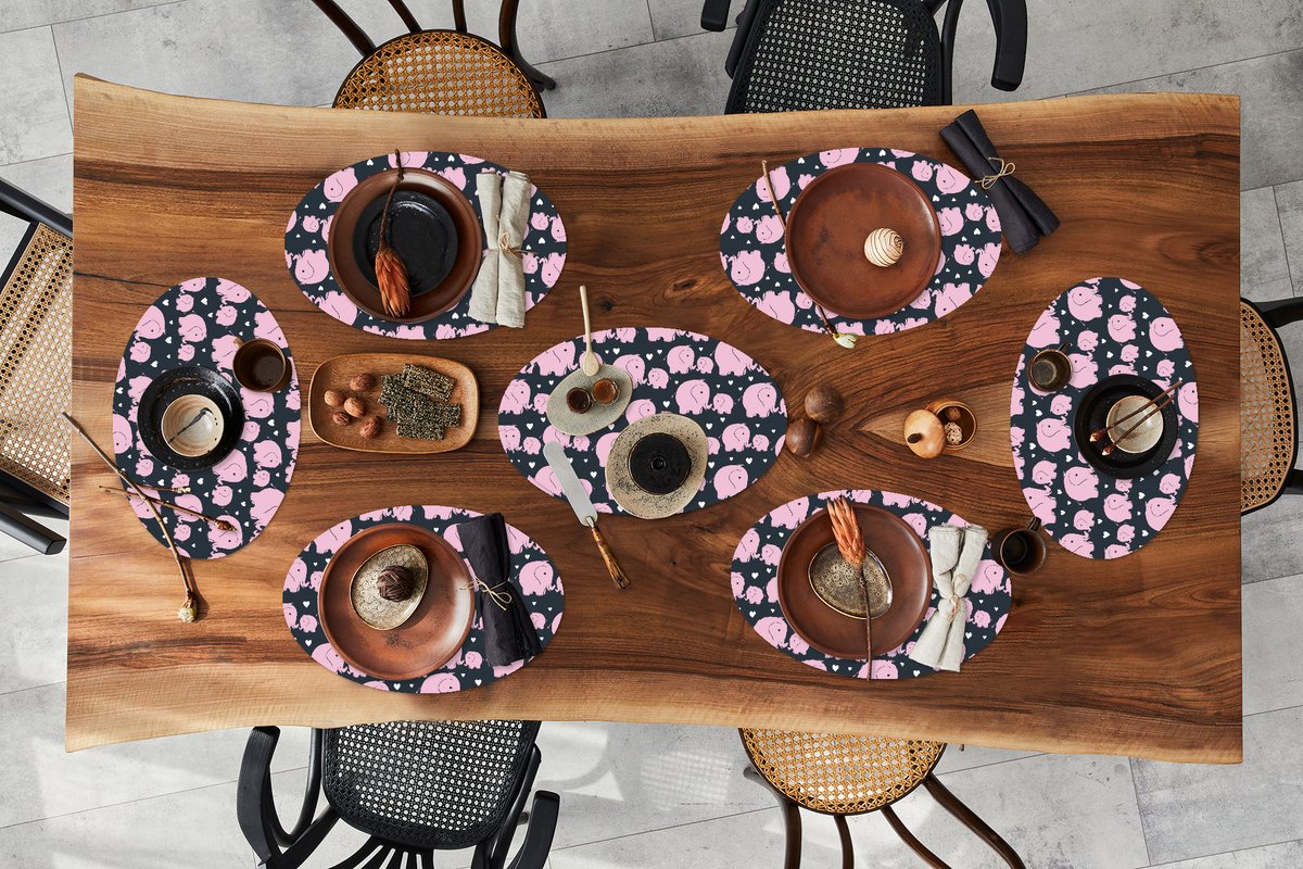 Placemats ovaal - Onderleggers - Ovale placemats - Olifant - Hart - Patroon - 8 stuks